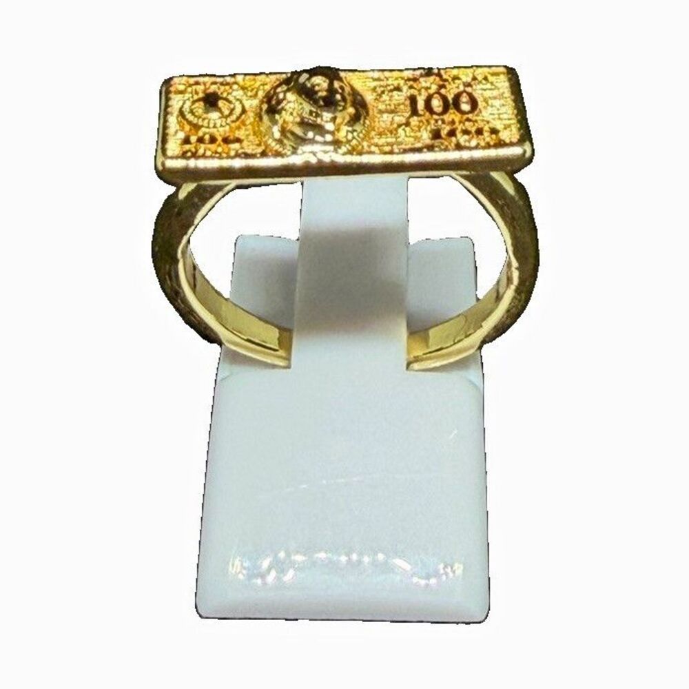 Gold Tone Metal "100" Money Bar Band Statement Ring No Stone Size 8